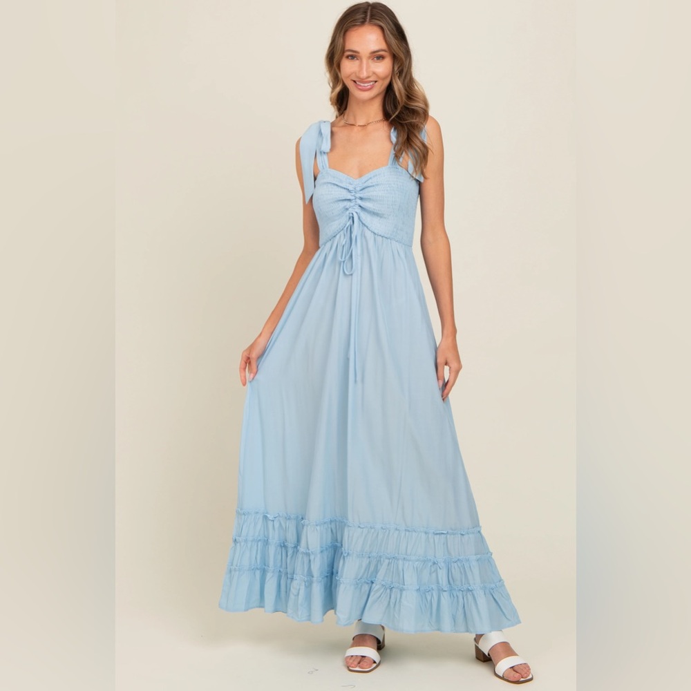 PINKBLUSH Sweetheart Neck Smocked Shoulder Tie Maxi Dress